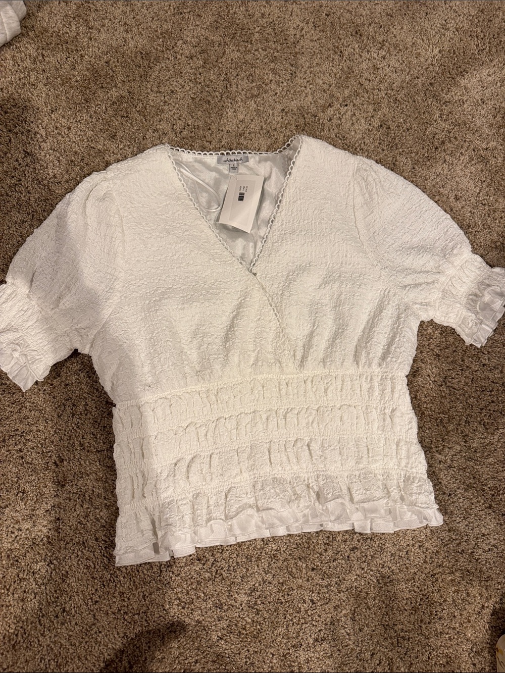 white birch White Smocked Wrap Peplum Blouse